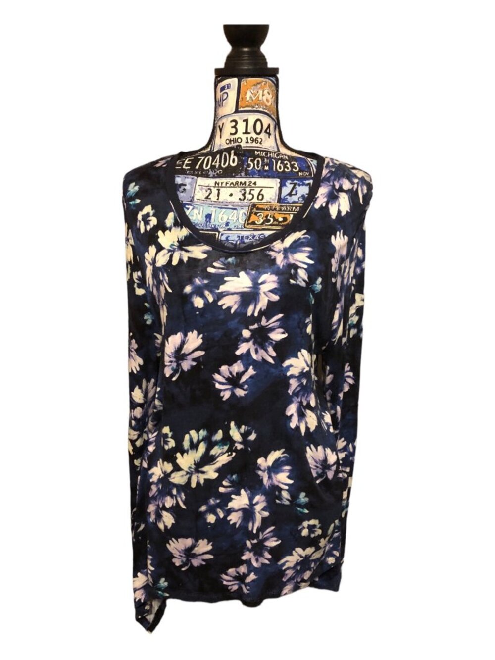 Blue Black Mixed Media Floral Accent Short Stretch Soft Light Tunic Blouse L/XL